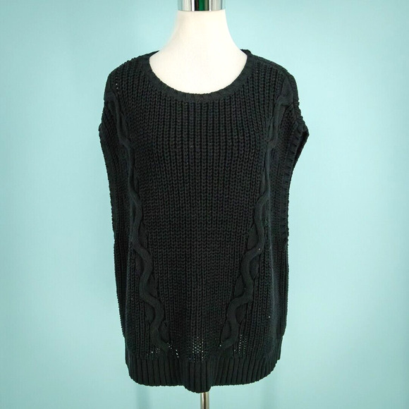 Talbots Size XL Black Cable Knit Crew Neck Sleeveless Cap Sleeve Cotton Sweater - Picture 1 of 5